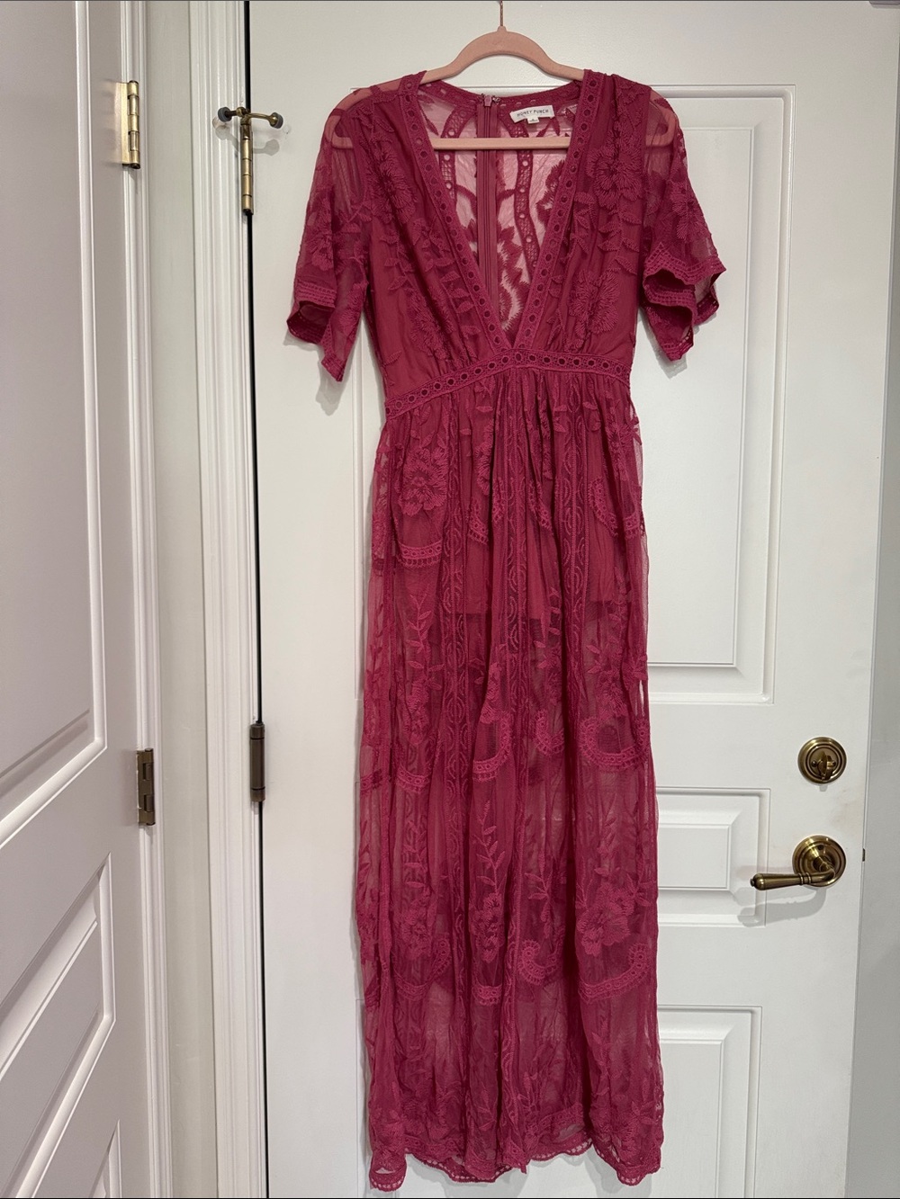 Honey Punch Raspberry Fuchsia Lace Maxi Dress with V-Neck and Built-In Shorts